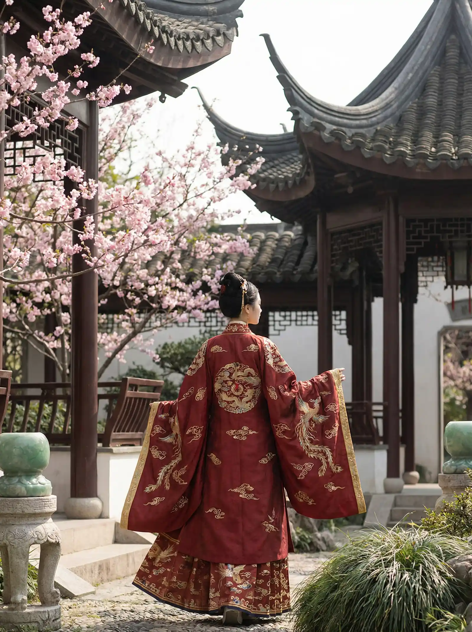 韩国美女舞蹈 明制汉服红色凤凰刺绣